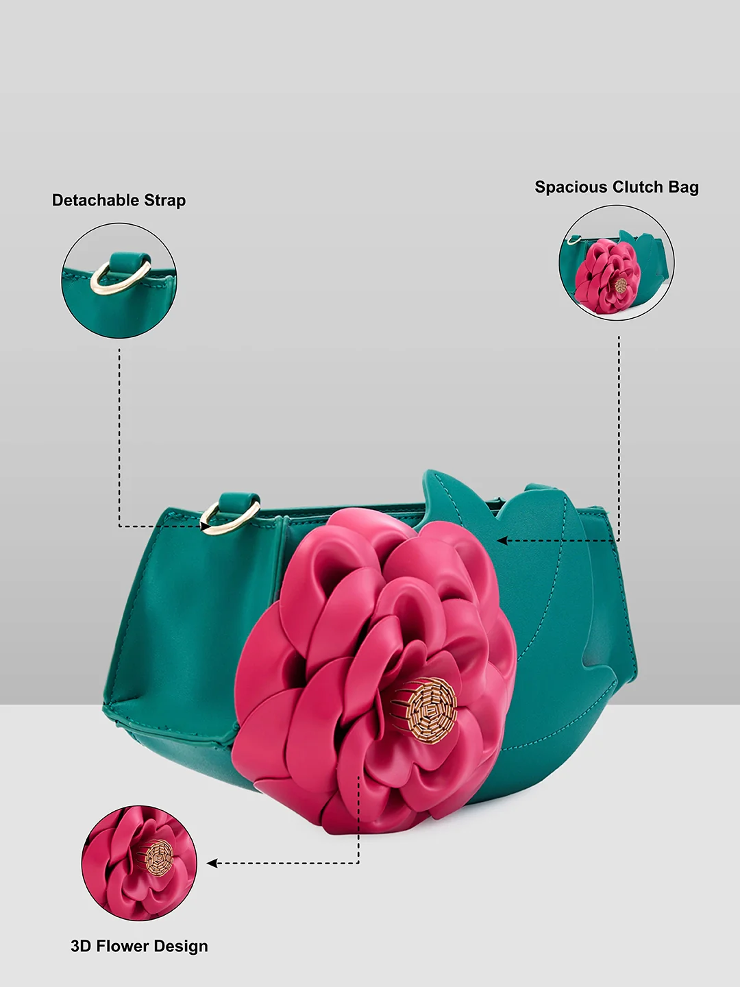 Caprese Ava Flower 3D Medium Green Clutch Bag - Image 8