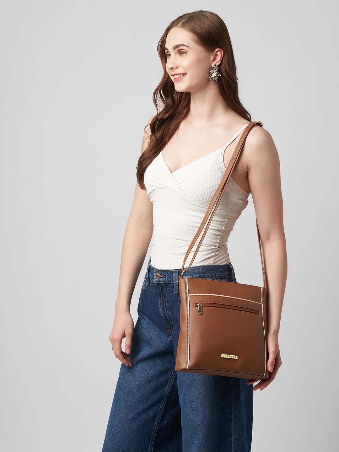 Caprese Aarya Medium Tan & Beige Sling Bag - Image 8
