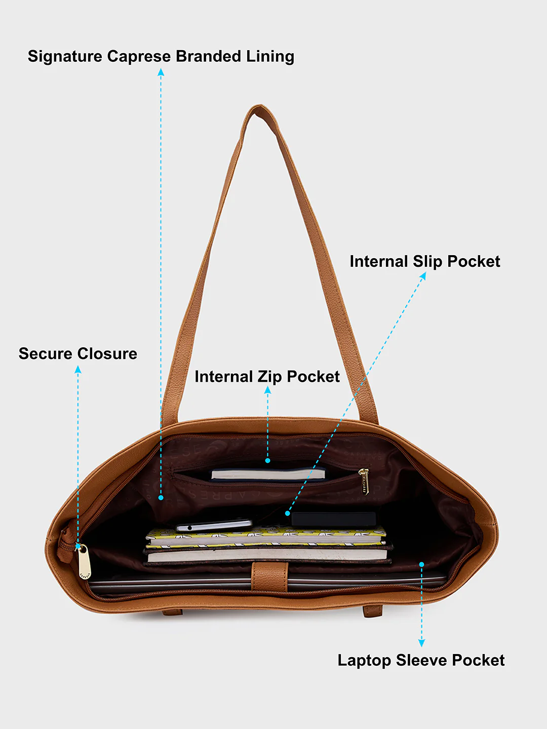 Caprese Amayra Large Tan Tote Laptop Bag - Image 8