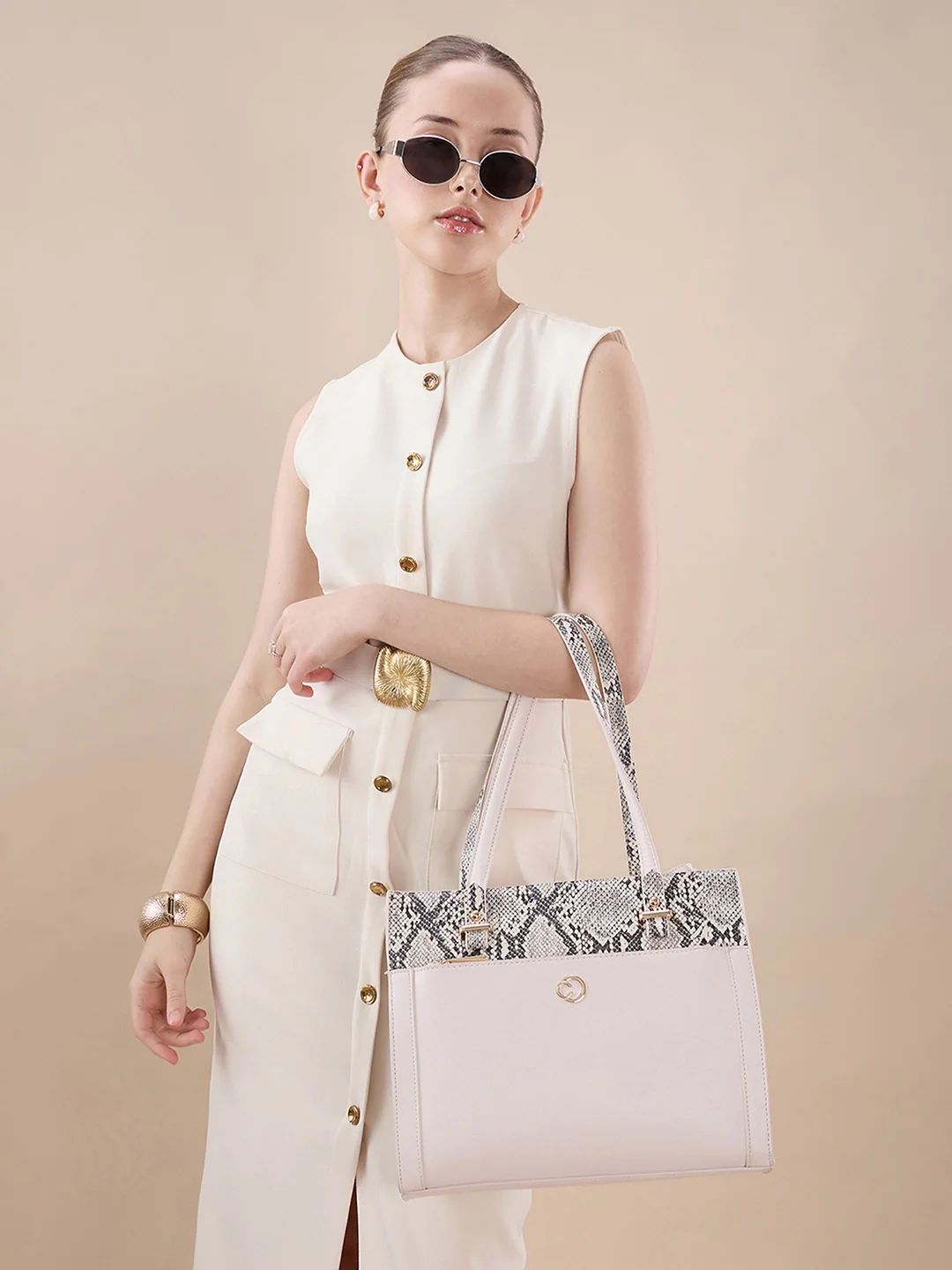 Caprese Bambi Medium Beige Satchel Bag - Image 14