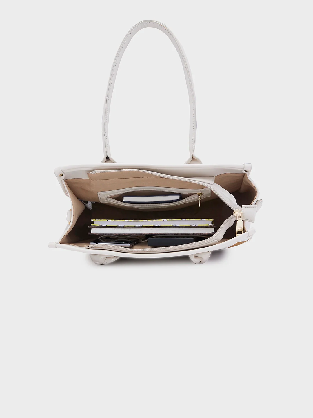 Caprese Checker Medium Cream Satchel Bag - Image 10
