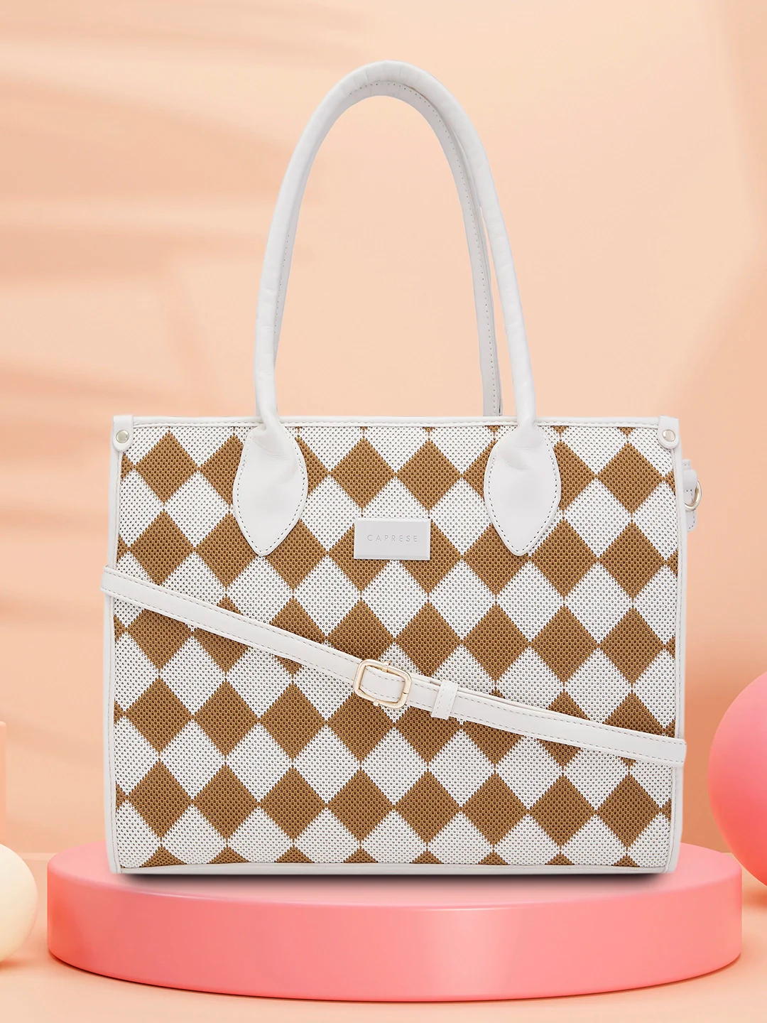 Caprese Checker Medium Cream Satchel Bag - Image 13