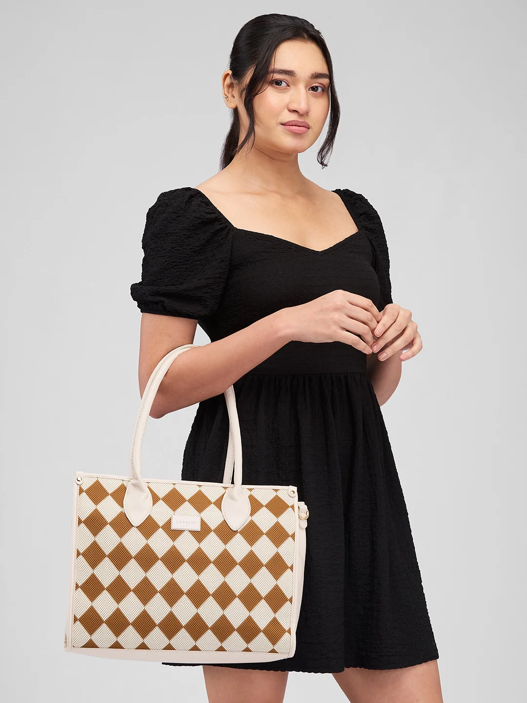 Caprese Checker Medium Cream Satchel Bag - Image 3