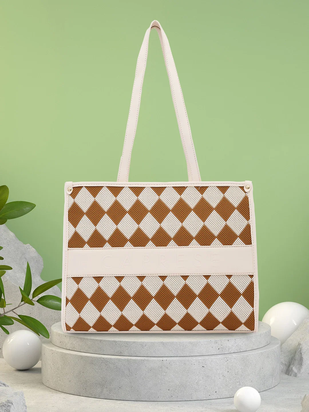 Caprese Checker Medium Cream Tote Bag - Image 13