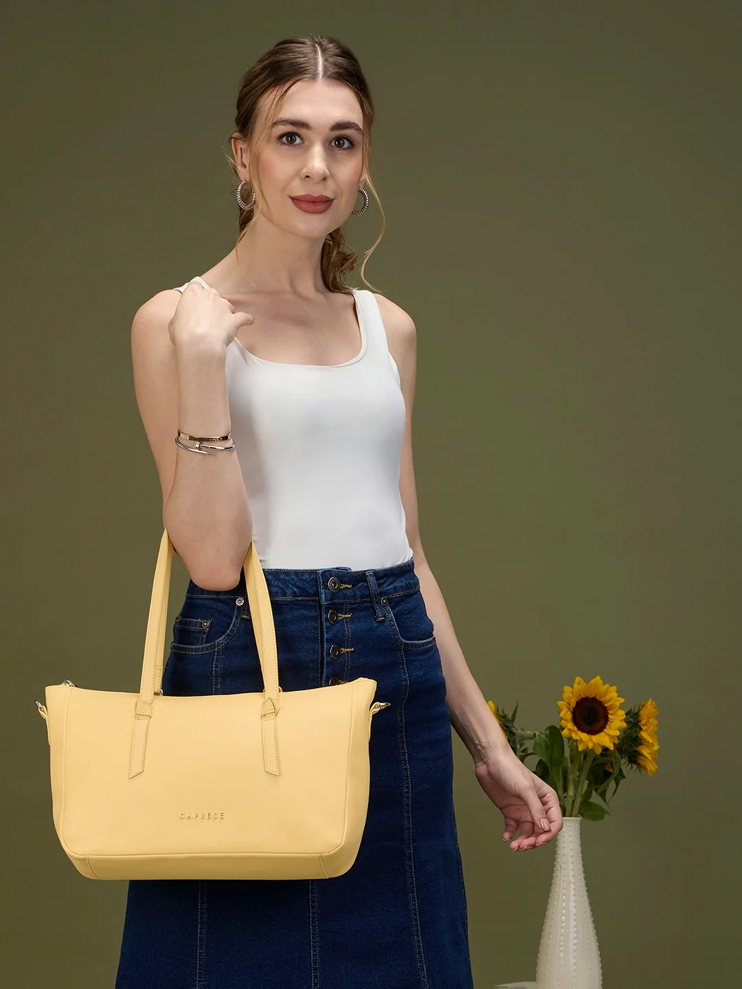 Caprese Crystal Large Butter Yellow Satchel Bag - Image 14