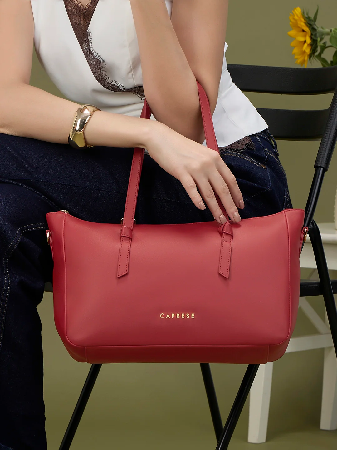 Caprese Crystal Large Cherry Red Satchel Bag - Image 14