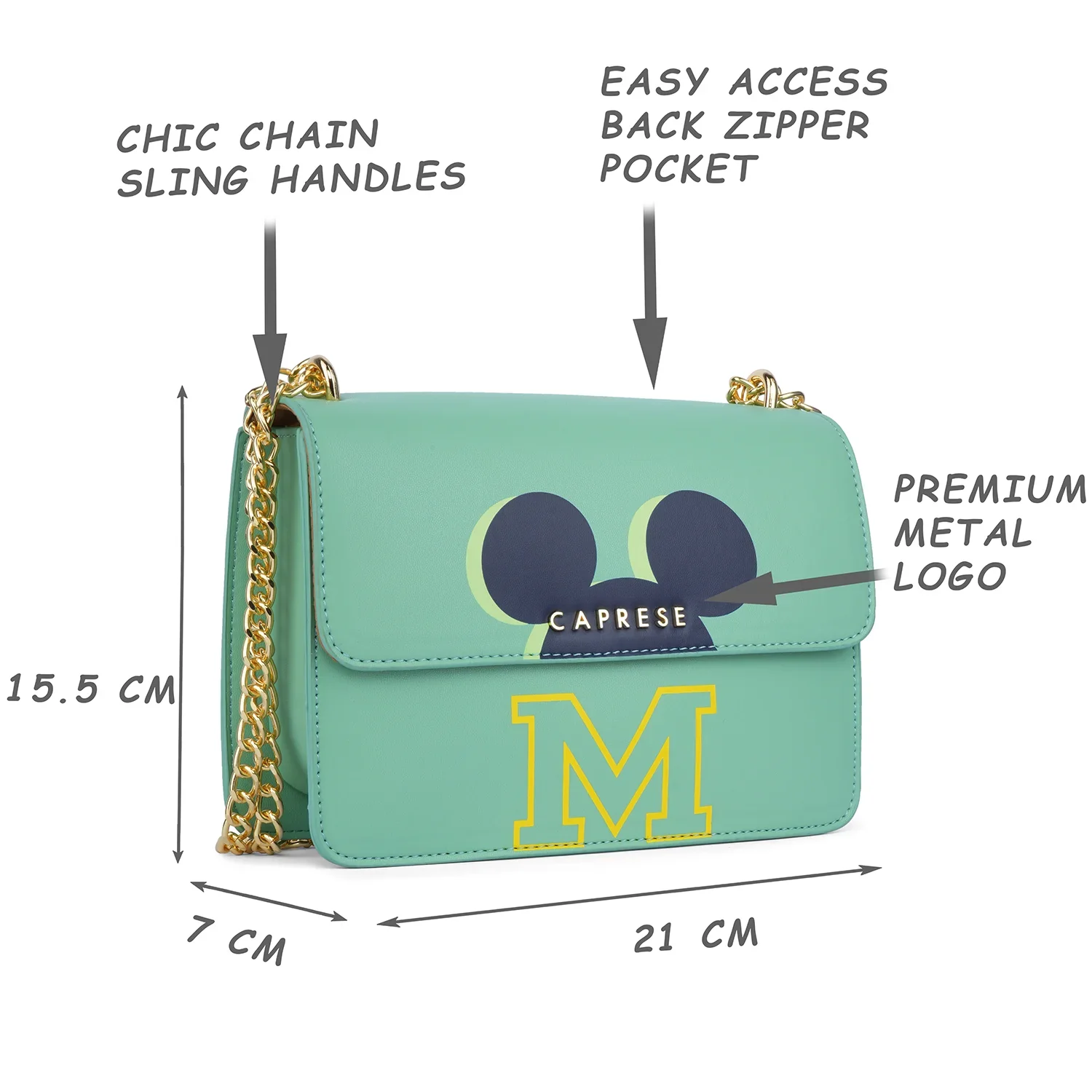Caprese Disney Inspired Mickey Mouse Medium Mint Sling Bag - Image 5