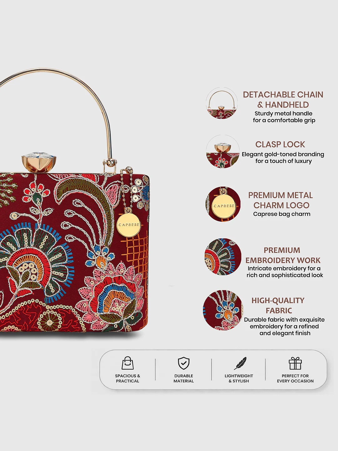 Caprese Elana Medium Maroon Embroidered Clutch Bag - Image 3