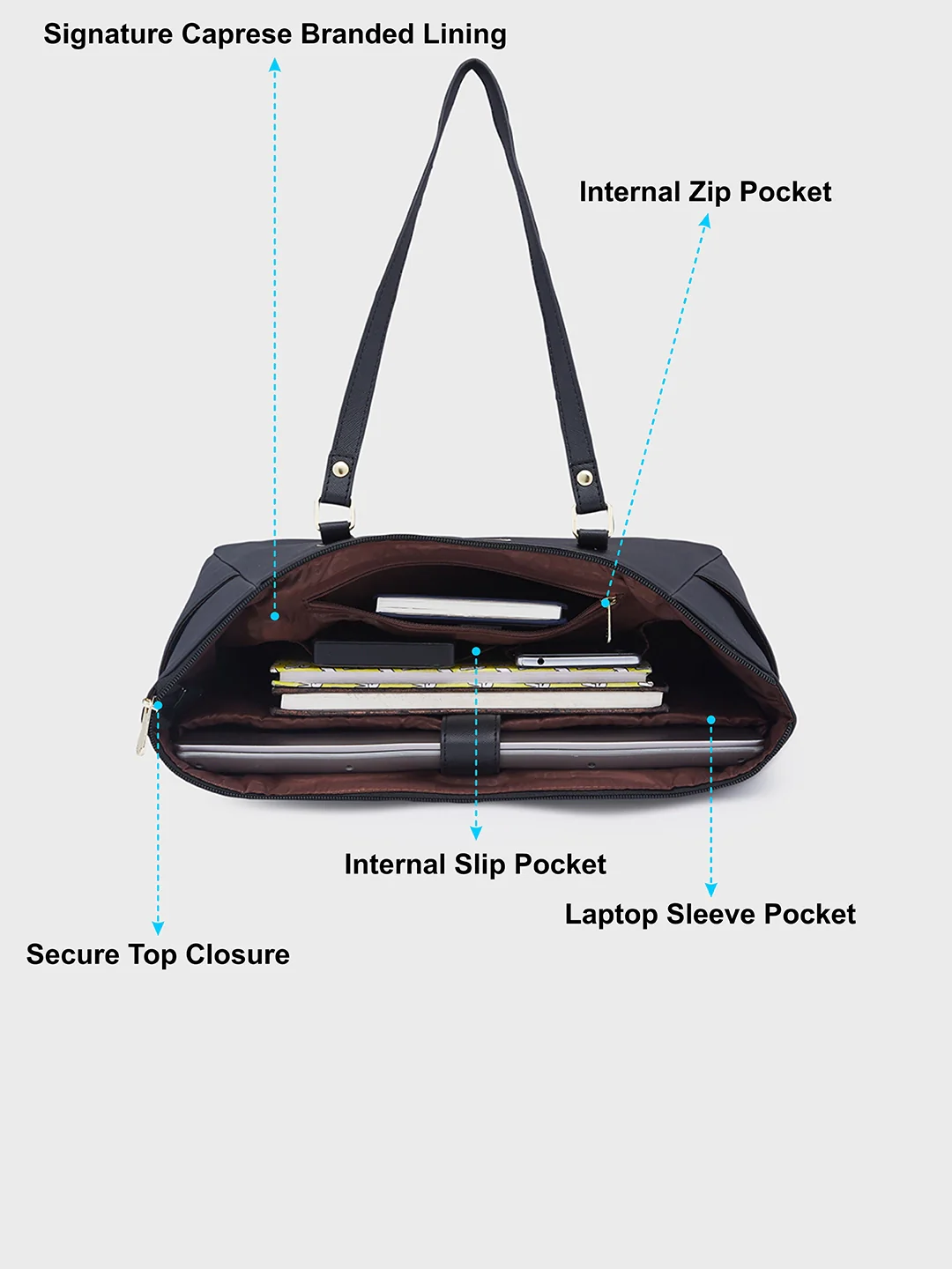 Caprese Eleana Large Black Laptop Tote Bag - Image 8