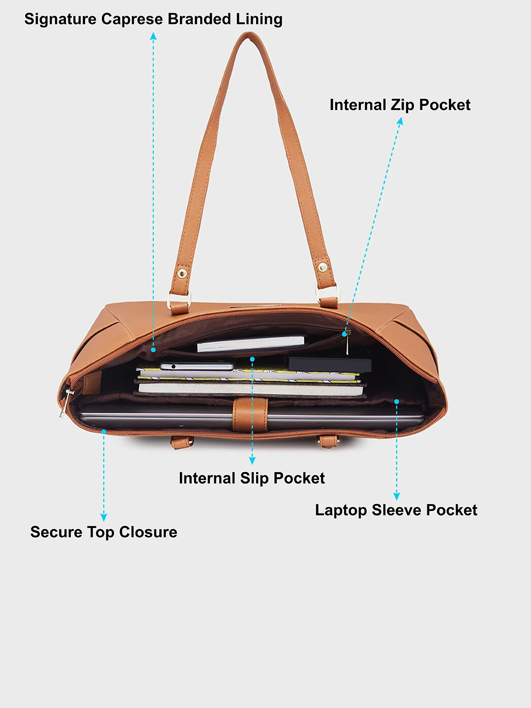 Caprese Eleana Large Tan Laptop Tote Bag - Image 8