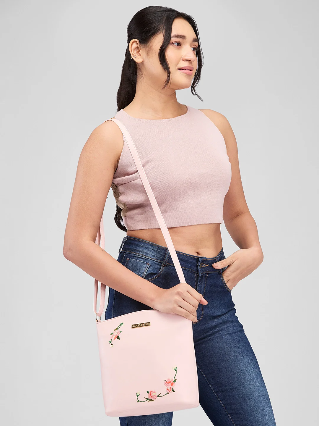 Caprese Elsy Large Powder Pink Sling Bag - Image 12