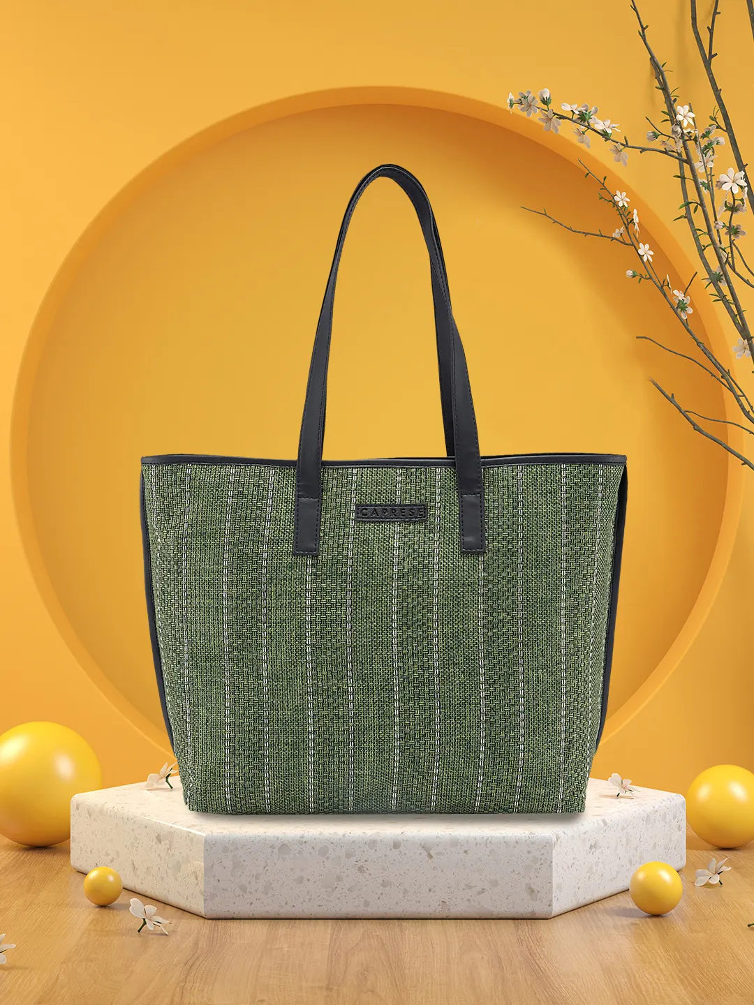 Caprese Evana Medium Striped Green Tote Bag - Image 2