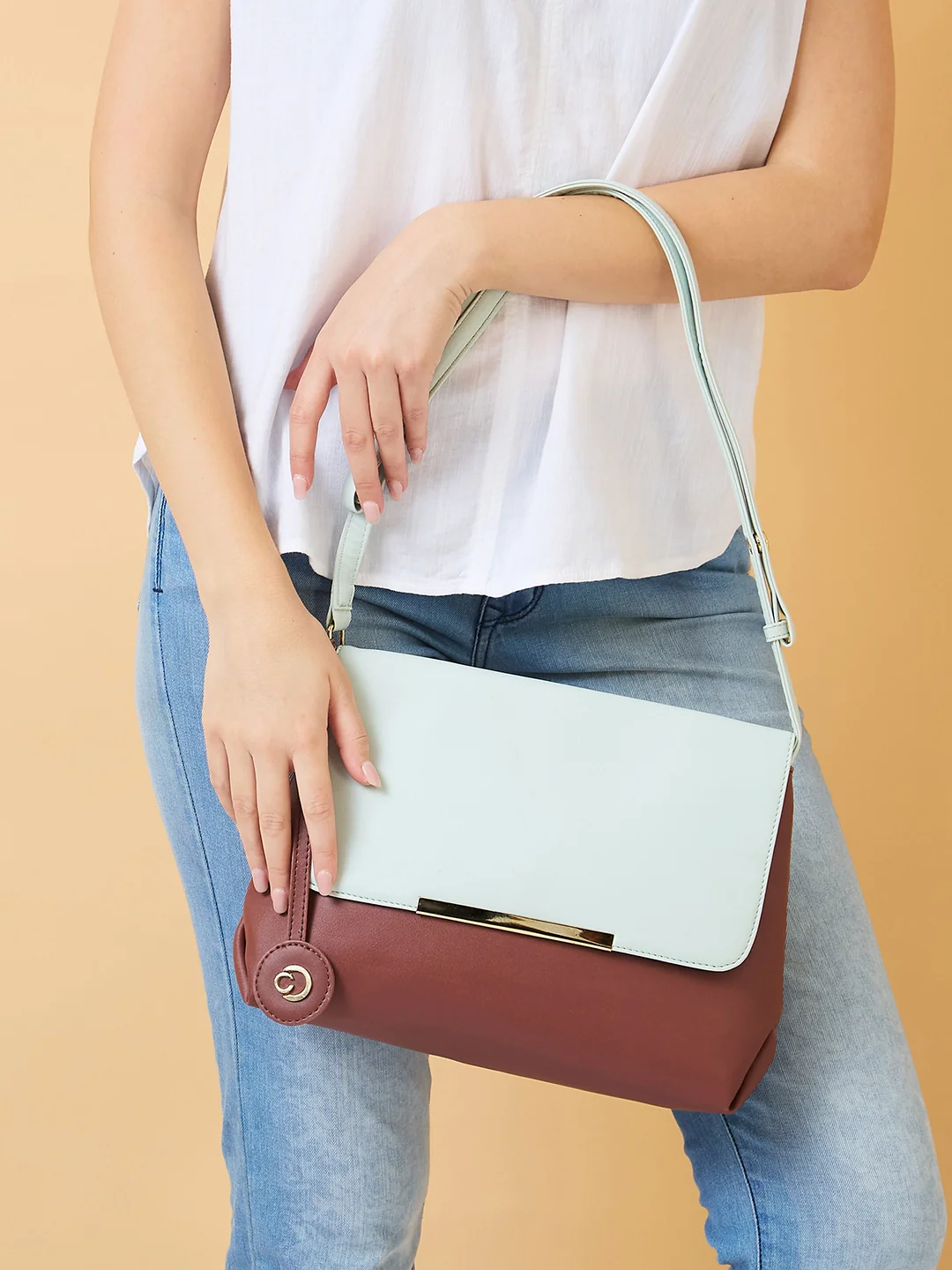 Caprese Fenne Small Blue & Choco Satchel Bag - Image 10