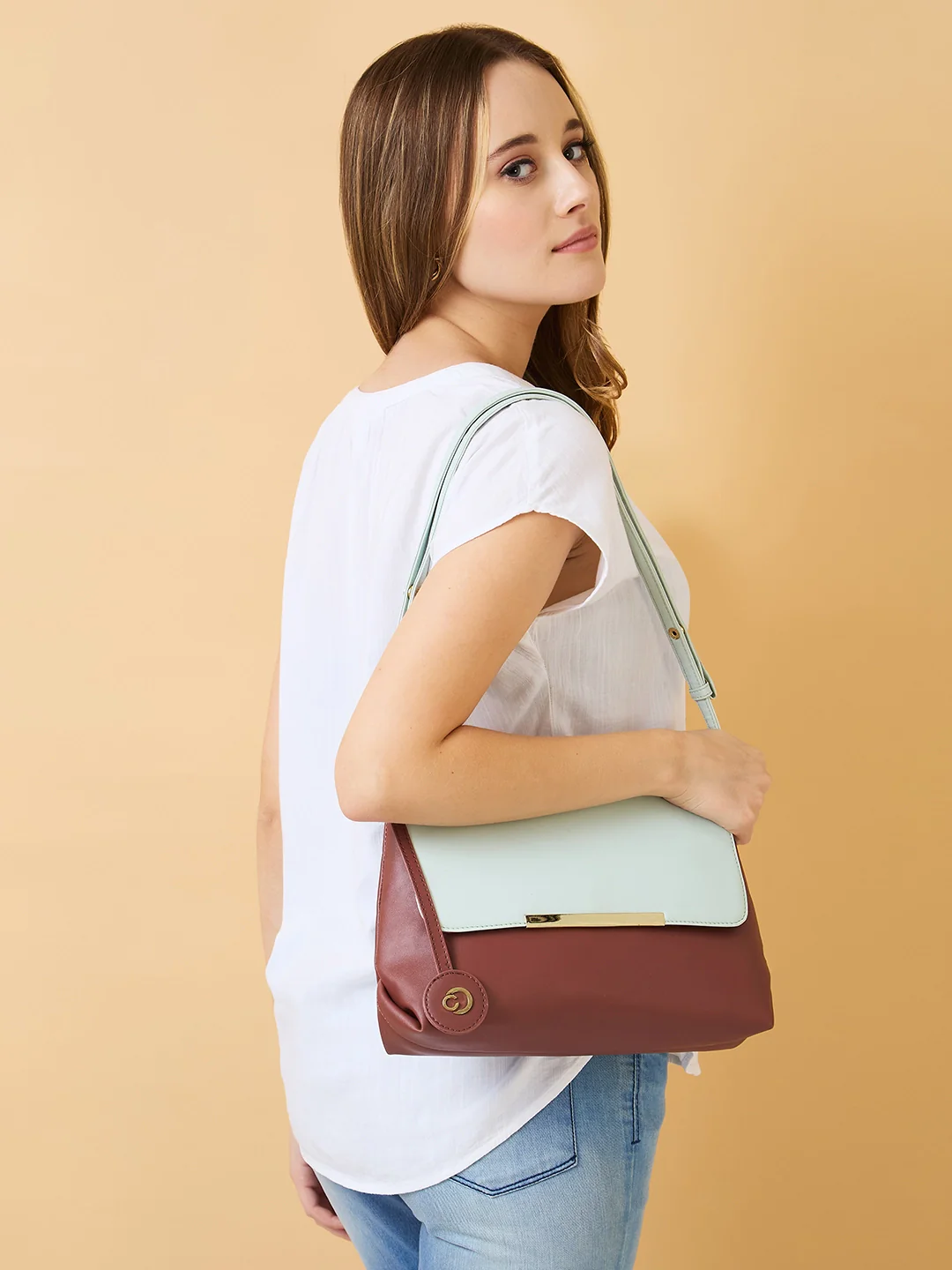 Caprese Fenne Small Blue & Choco Satchel Bag - Image 11