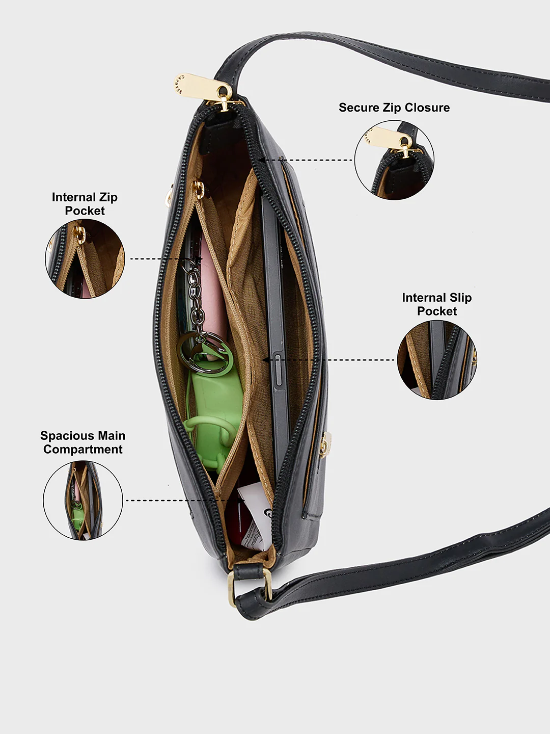 Caprese Lara Medium Black Sling Bag - Image 4