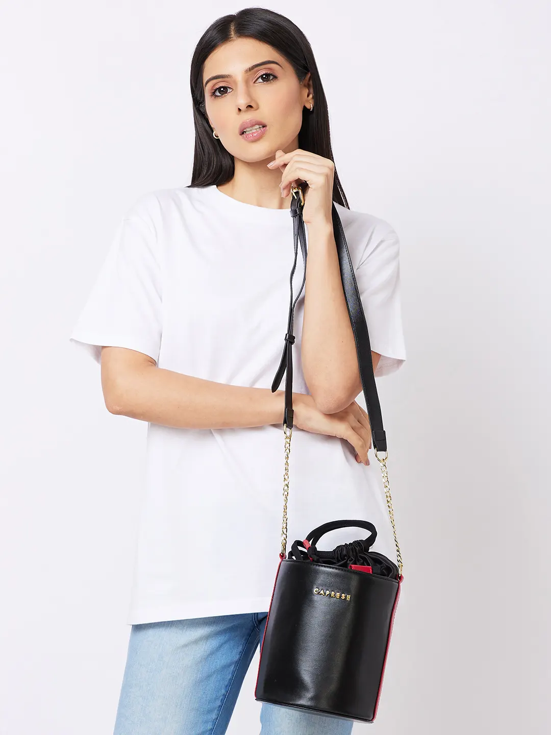 Caprese Lizzy Medium Black Drawstring Sling Bag - Image 10