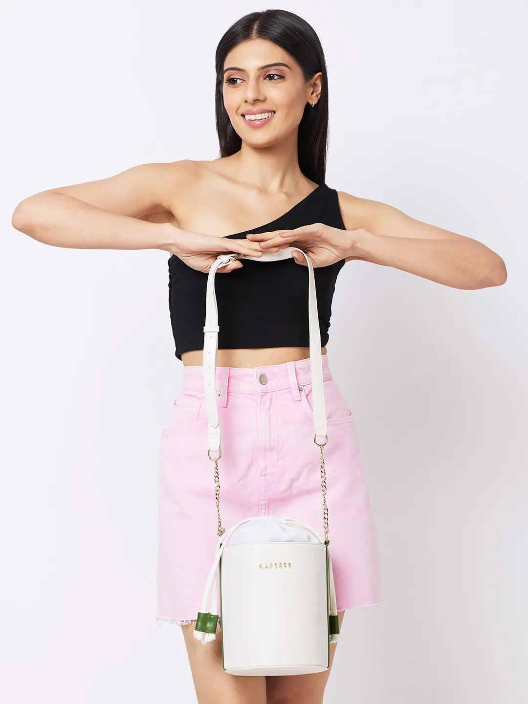 Caprese Lizzy Medium Cream Drawstring Sling Bag - Image 12