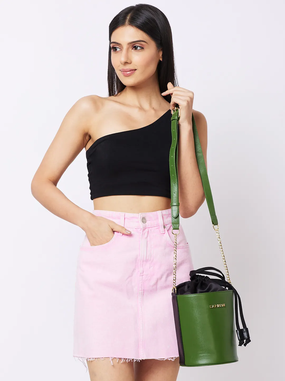 Caprese Lizzy Medium Olive Drawstring Sling Bag - Image 11