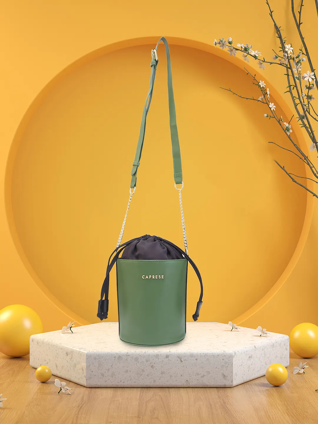 Caprese Lizzy Medium Olive Drawstring Sling Bag - Image 14