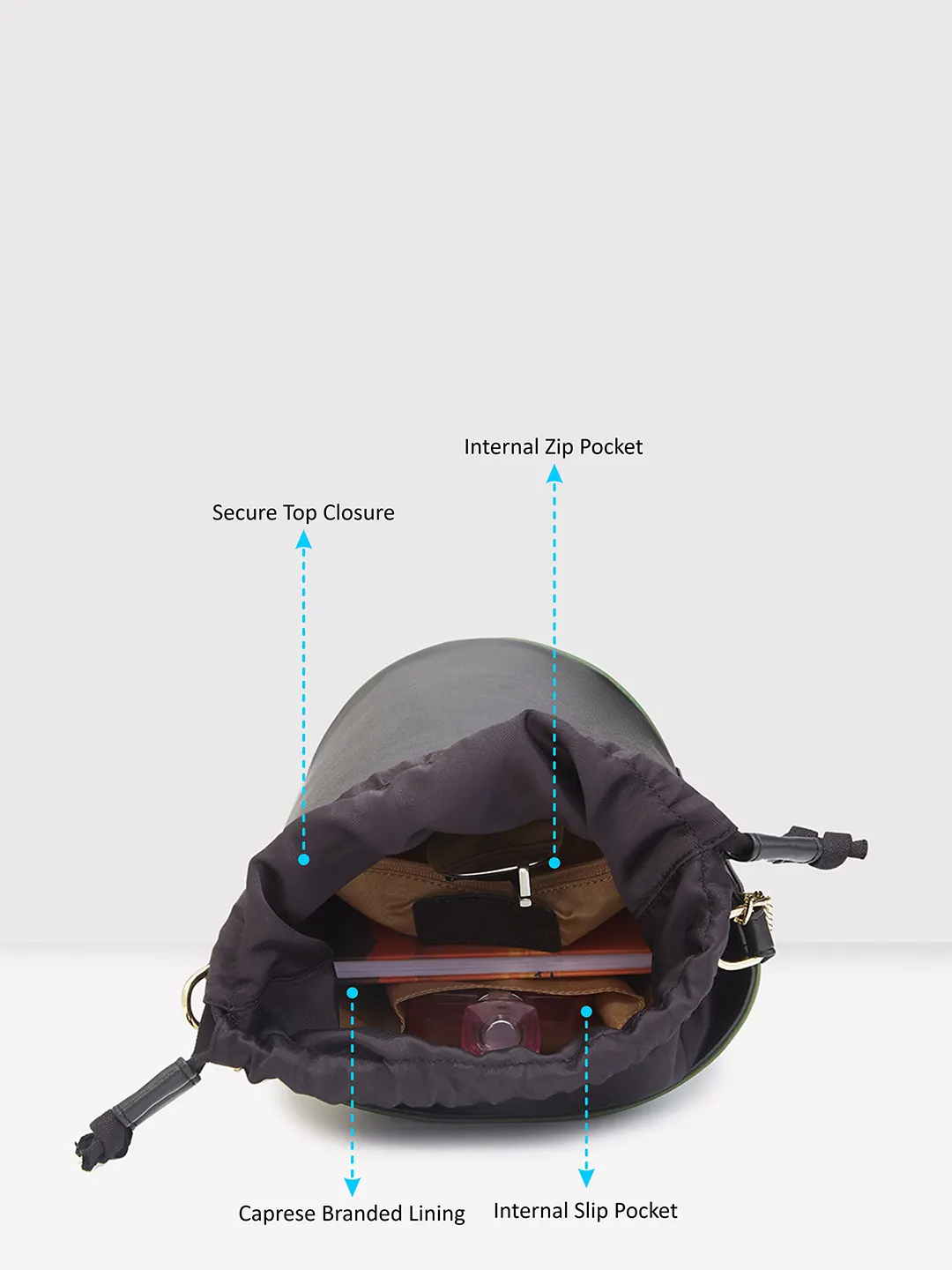 Caprese Lizzy Medium Olive Drawstring Sling Bag - Image 6
