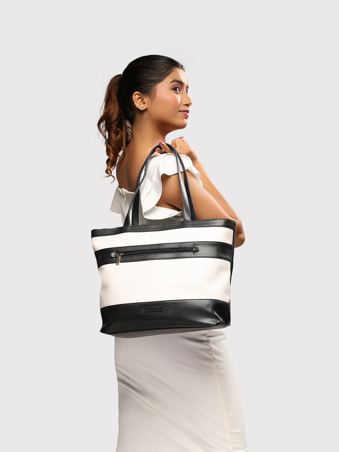 Caprese Marciano Medium Striped Black Tote Bag - Image 13