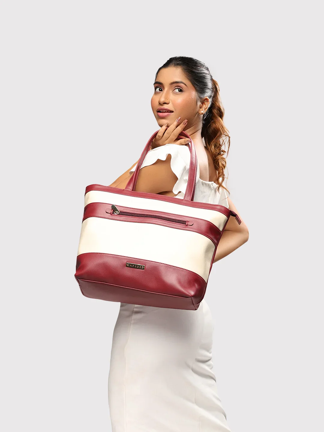 Caprese Marciano Medium Striped Maroon Tote Bag - Image 13