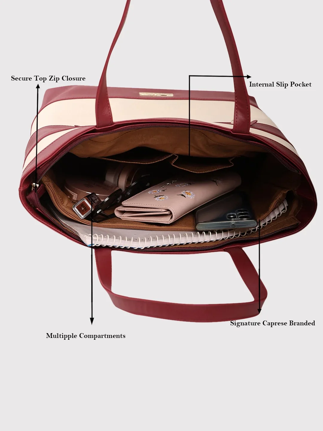 Caprese Marciano Medium Striped Maroon Tote Bag - Image 9