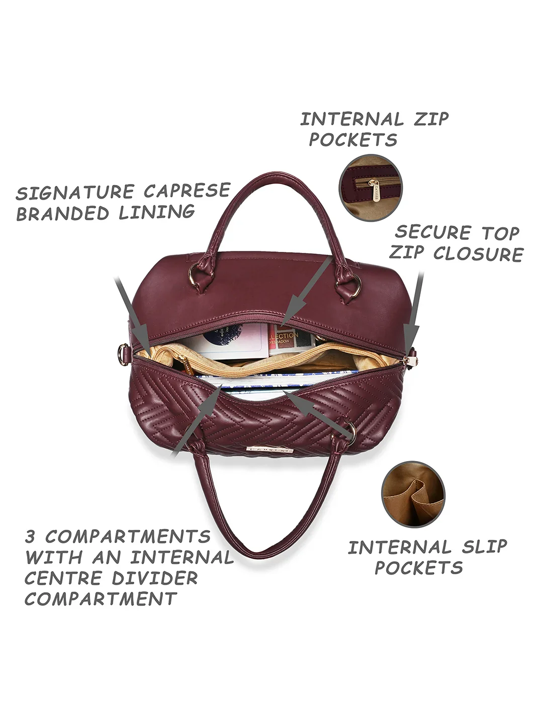 Caprese Mavis Medium Maroon Satchel Bag - Image 3