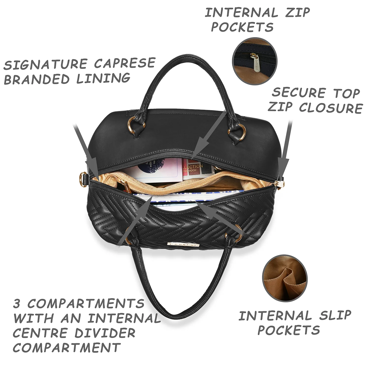 Caprese Mavis Medium Black Satchel Bag - Image 10