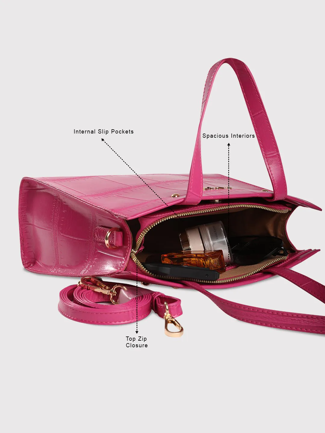Caprese Mink Small Croco Fuchsia Tote Bag - Image 5