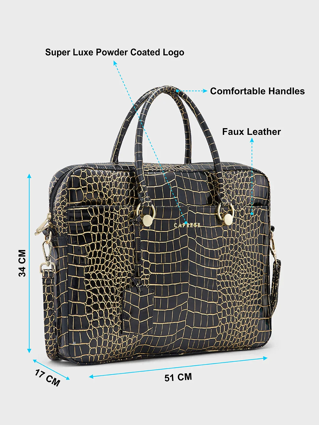 Caprese Miranda Large Black Croco Office Laptop Bag - Image 6