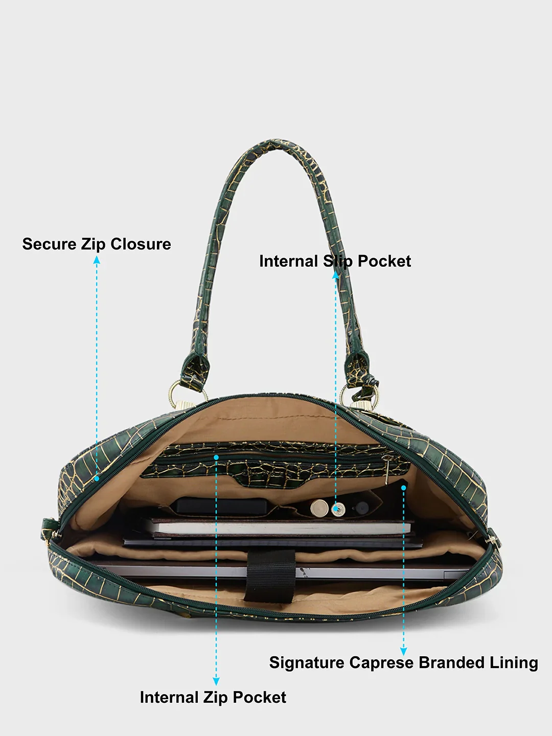 Caprese Miranda Large Green Croco Office Laptop Bag - Image 10