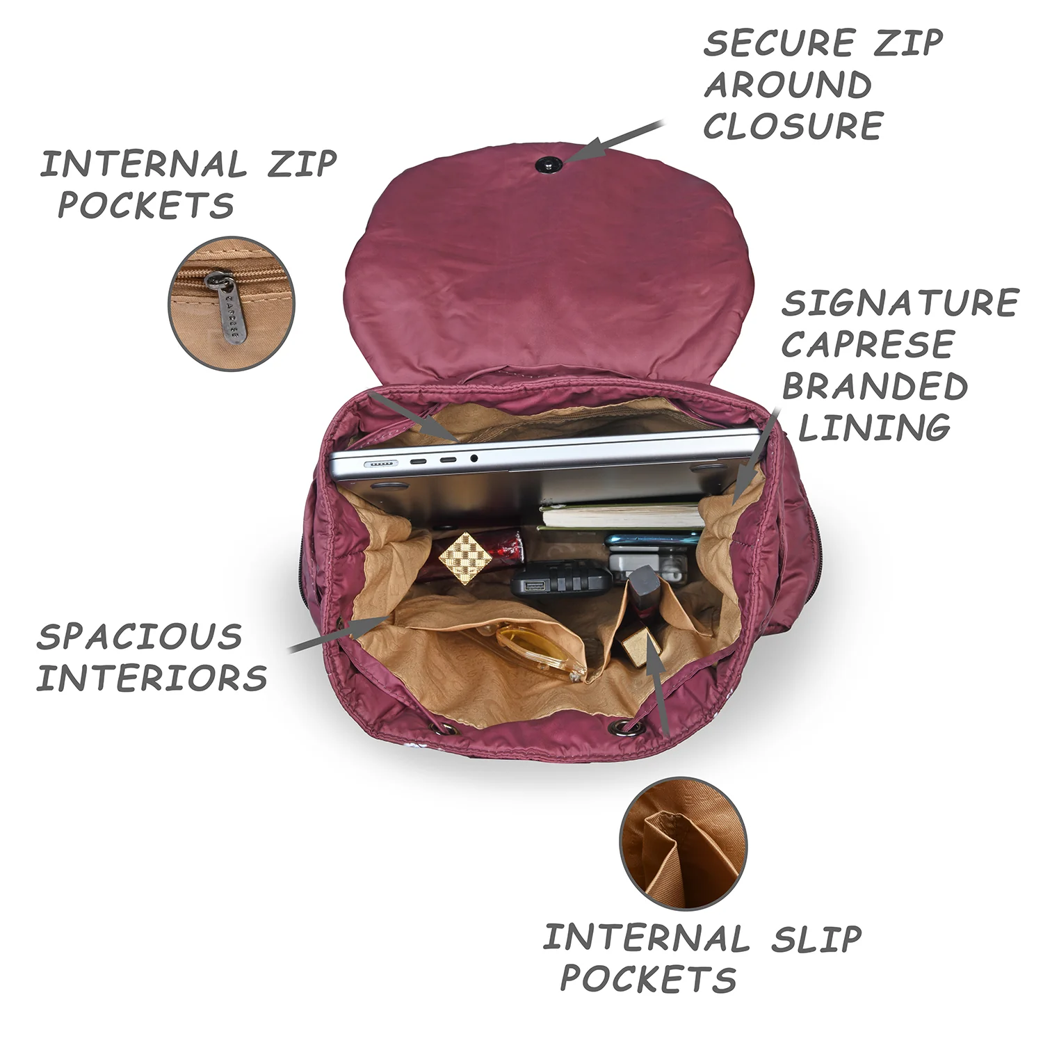 Caprese Olive Medium Maroon Backpack - Image 7