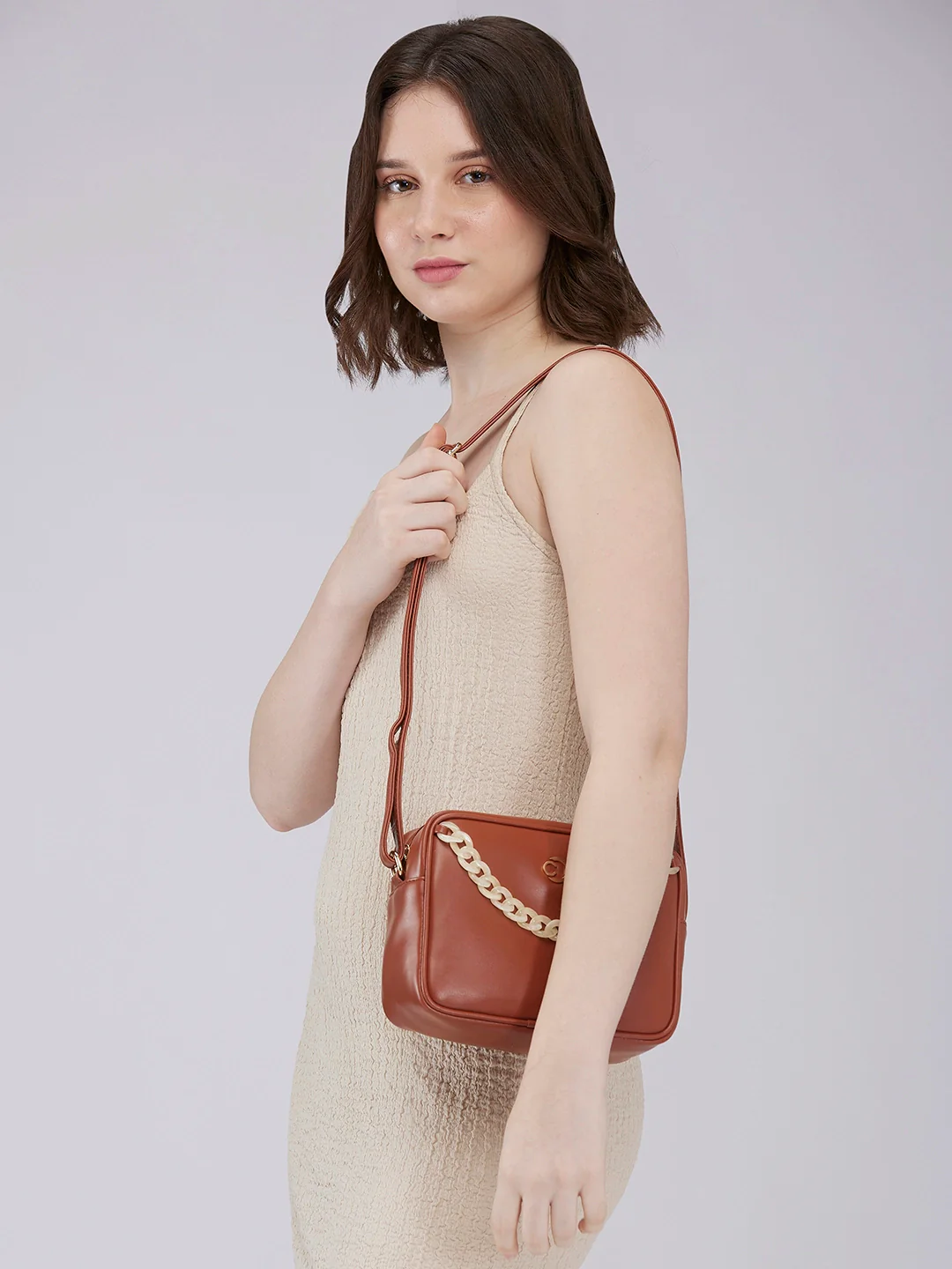 Caprese Perline Medium Tan Sling Bag - Image 12