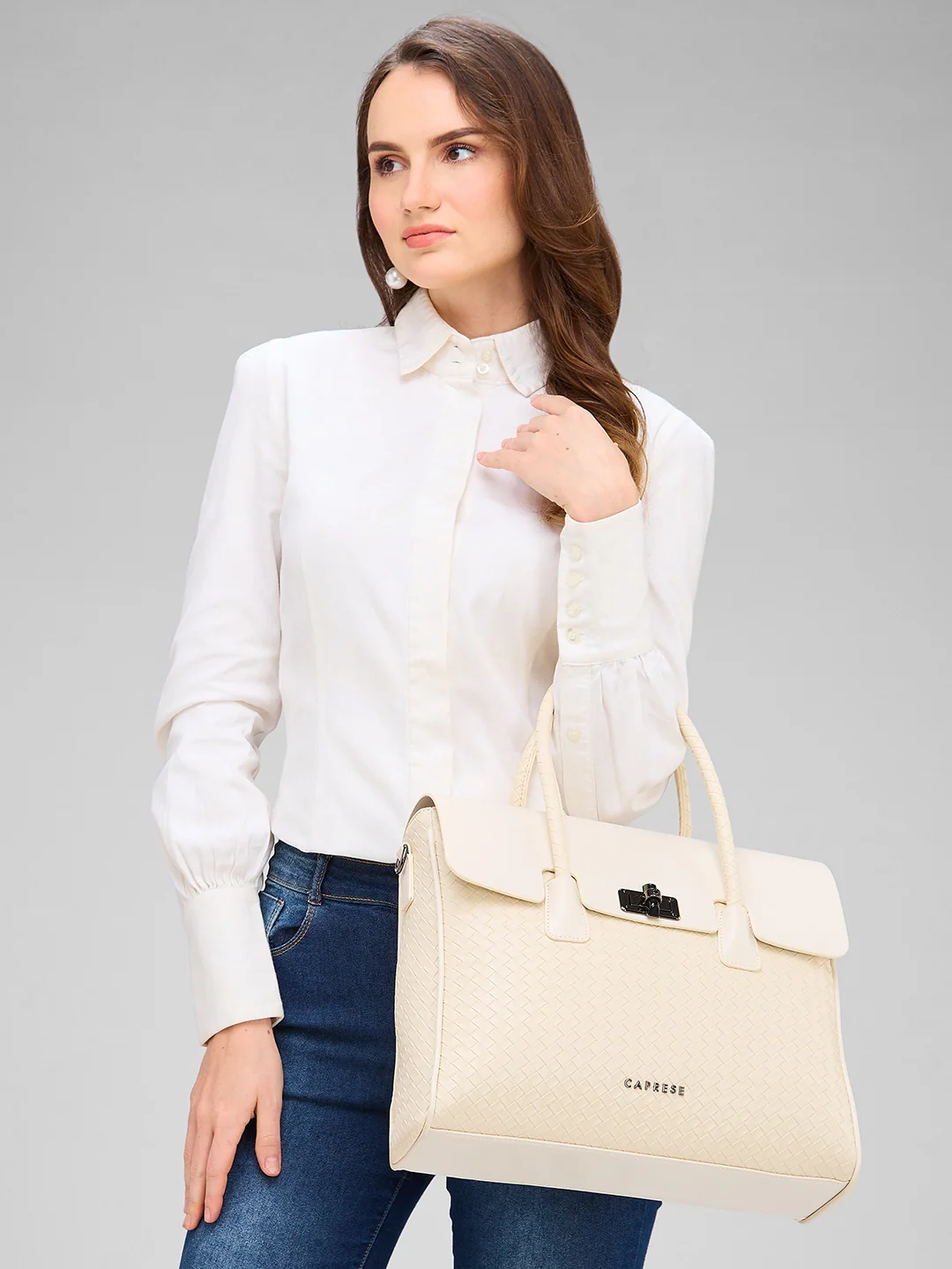 Caprese Renee Medium Beige Satchel Bag - Image 12