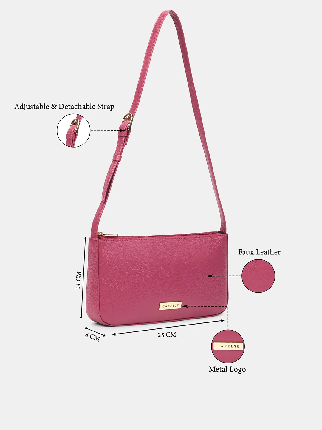 Caprese Rhea Medium Fuchsia Pink Baguette Bag - Image 3