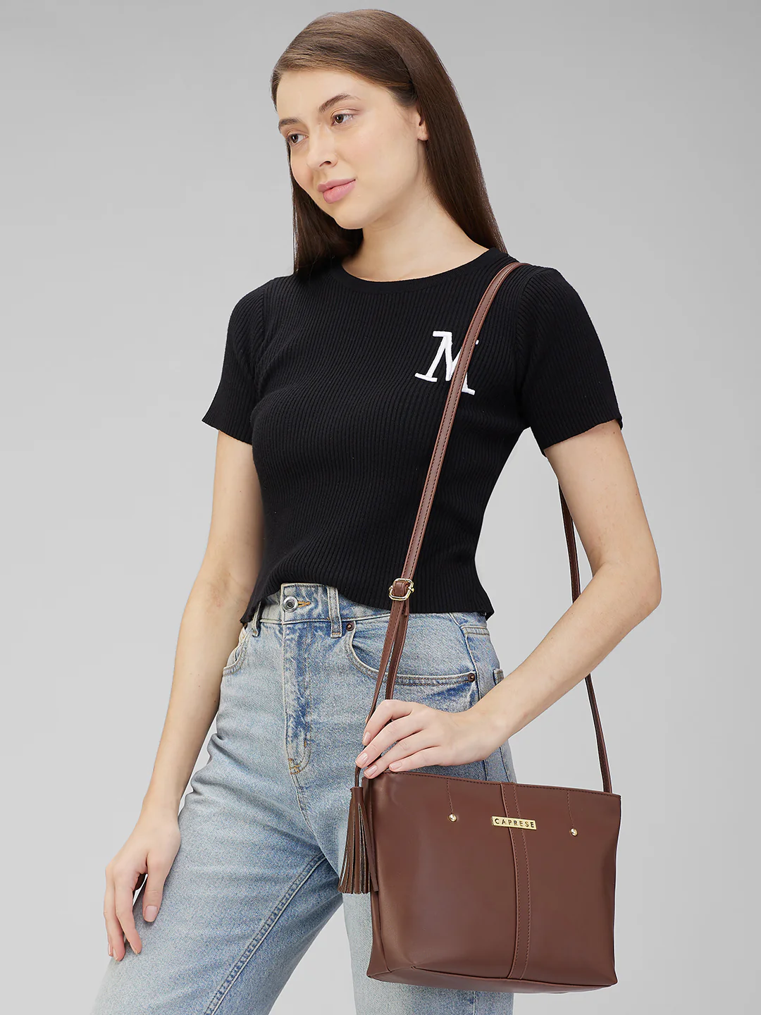 Caprese Sabreen Medium Chocolate Sling Bag - Image 8