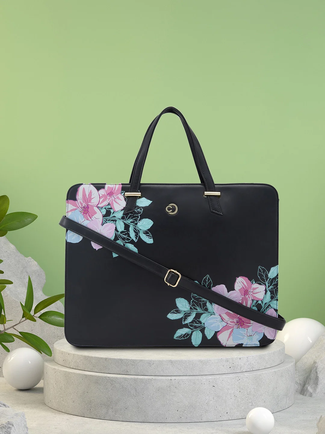 Caprese Shanaya Large Black Printed Laptop Bag - Image 2