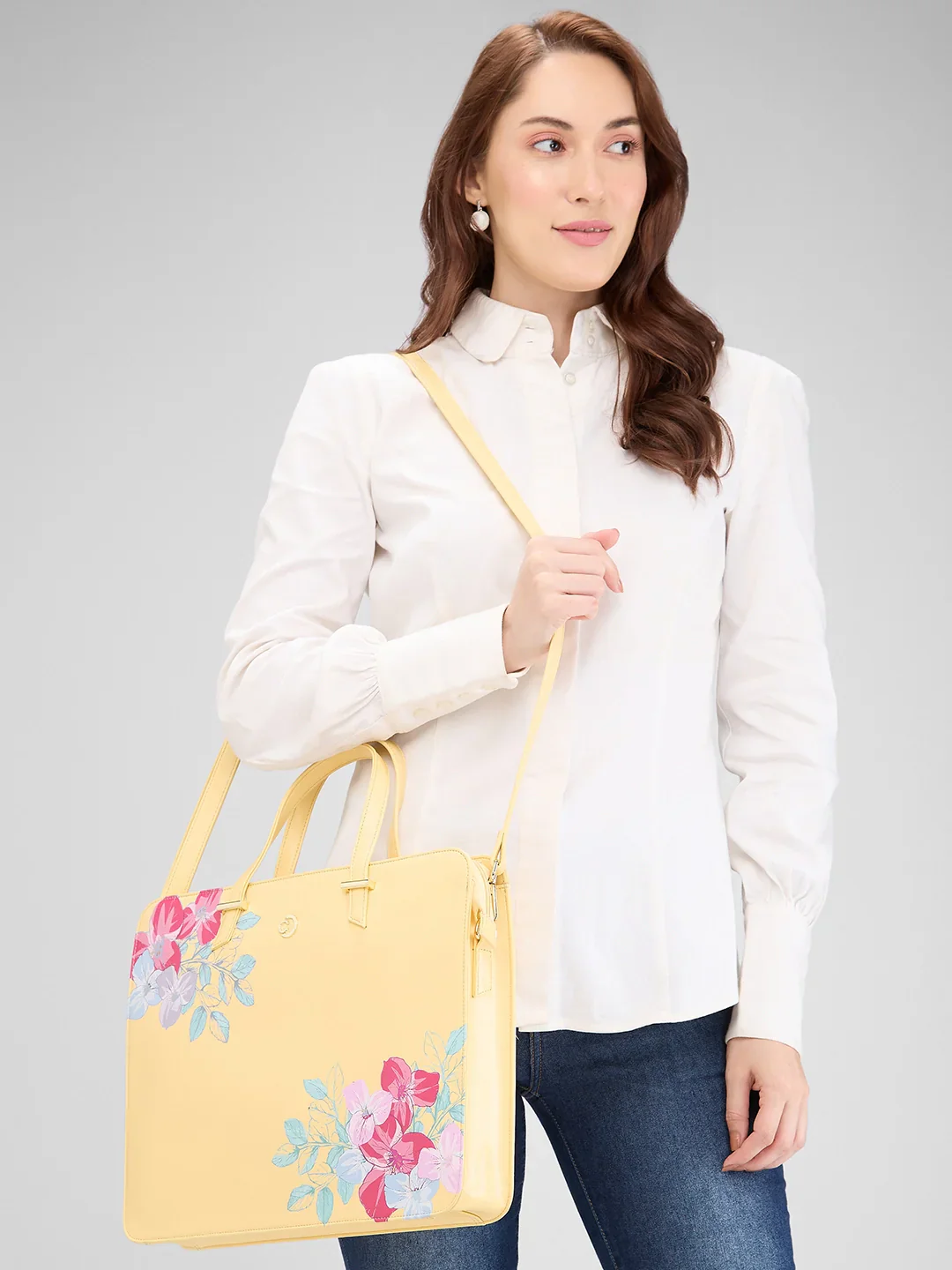 Caprese Shanaya Large Yellow Printed Laptop Bag - Image 11