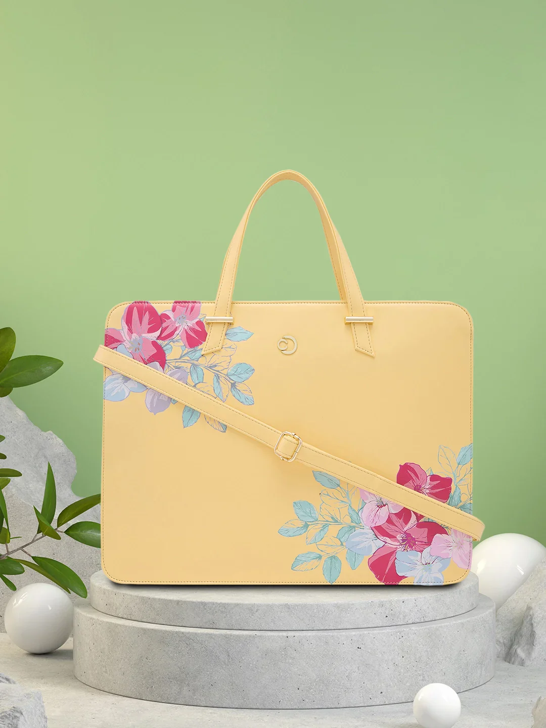 Caprese Shanaya Large Yellow Printed Laptop Bag - Image 2