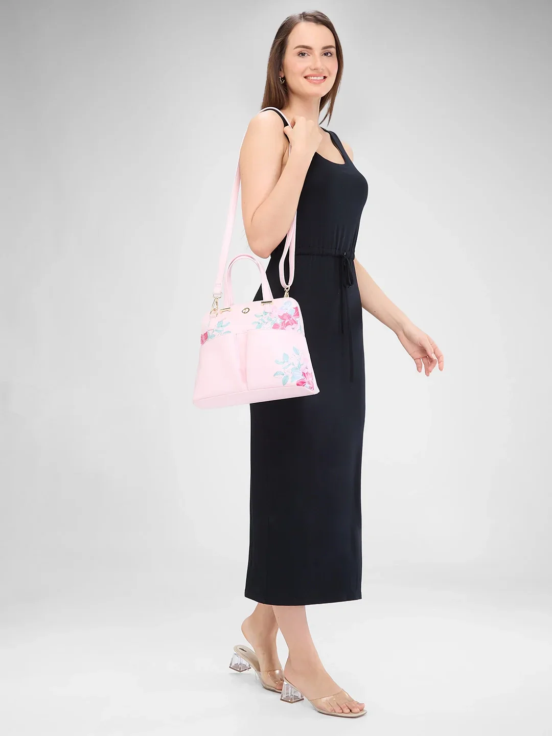 Caprese Shanaya Medium Printed Pink Satchel Bag - Image 13