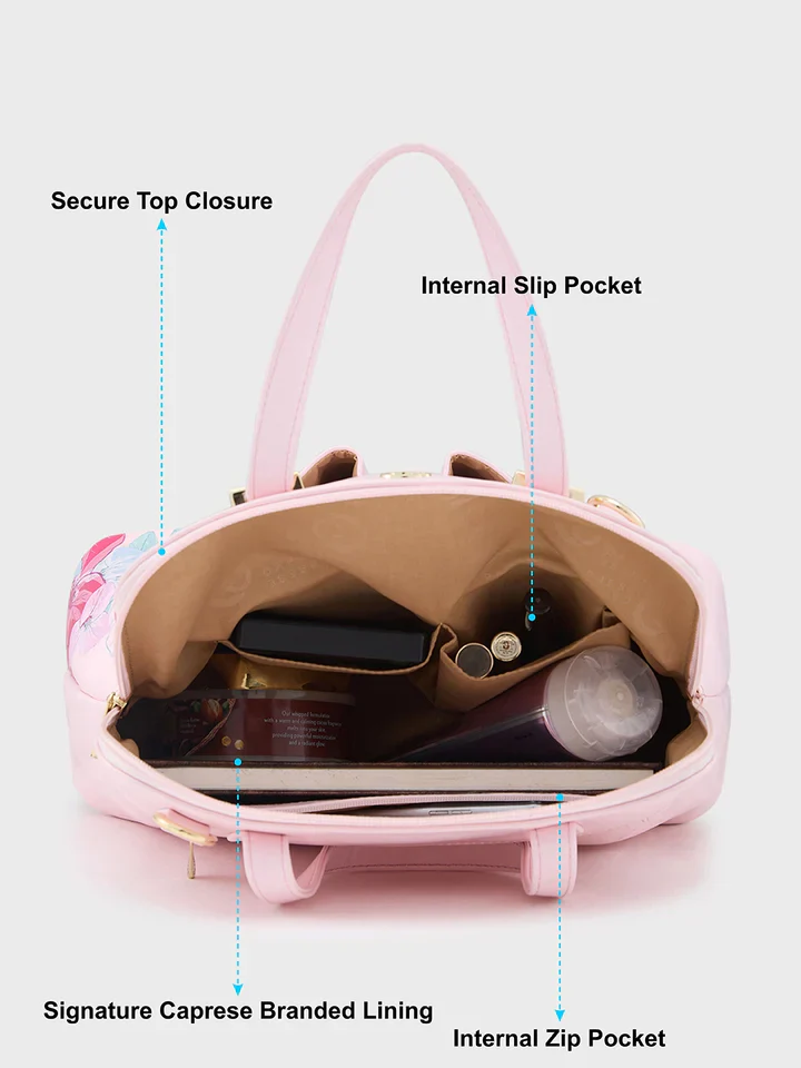 Caprese Shanaya Medium Printed Pink Satchel Bag - Image 9
