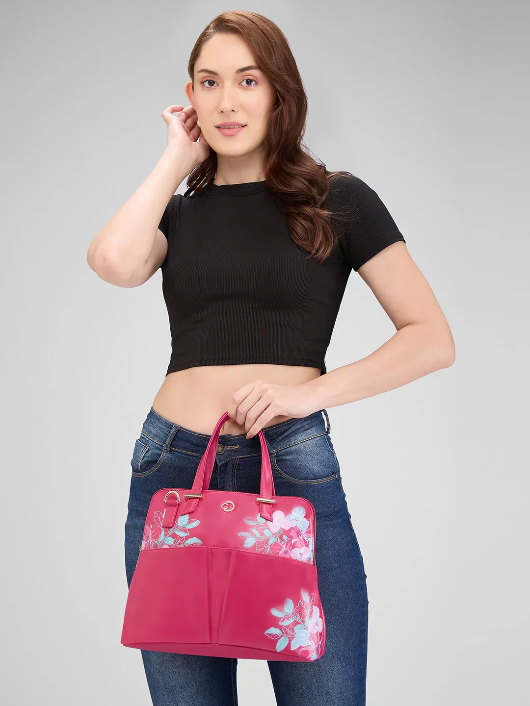 Caprese Shanaya Printed Medium Burgundy Satchel Bag - Image 12
