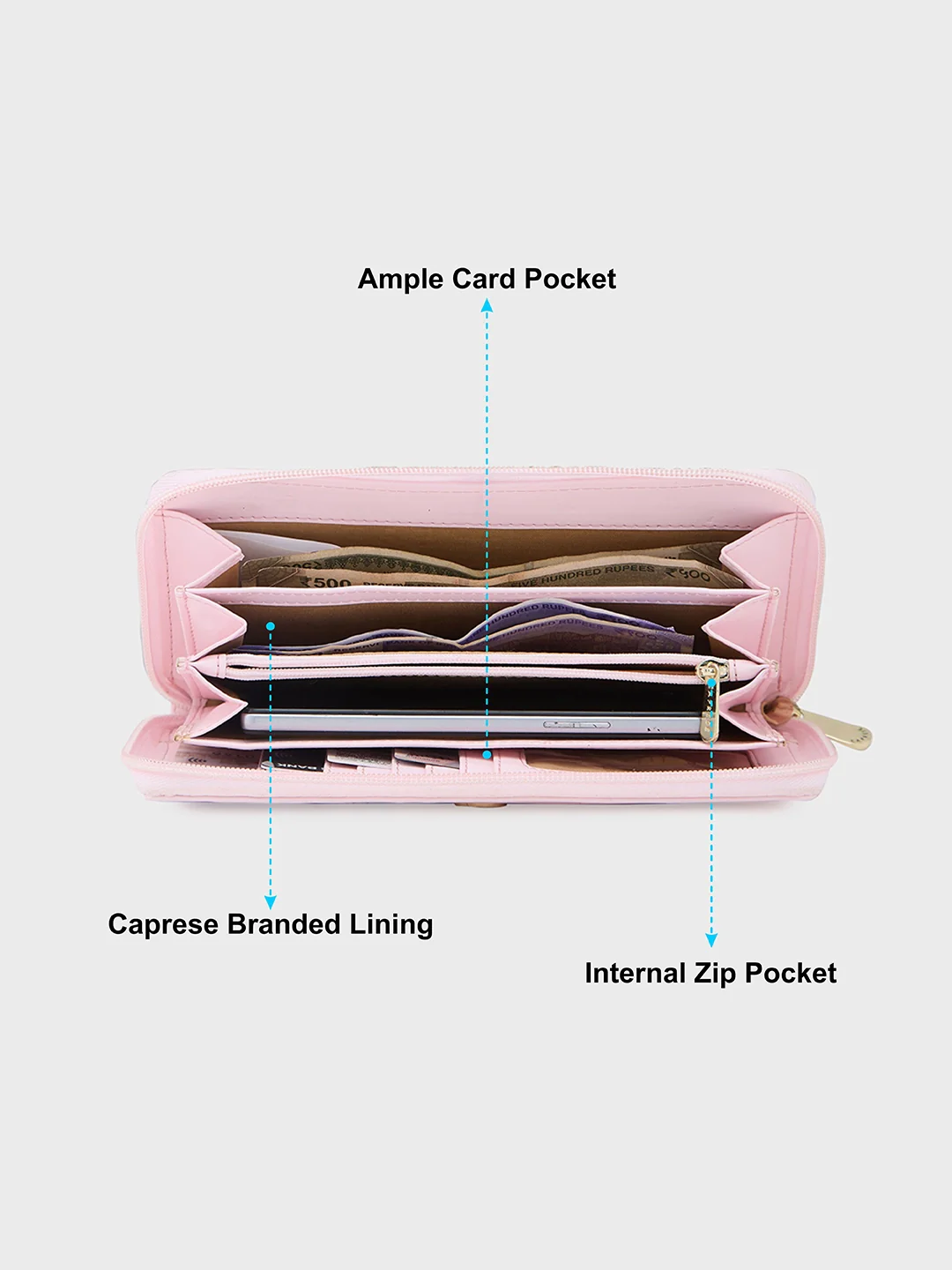 Caprese Shanaya Printed Large Pink Zip Around Wallet - Image 7