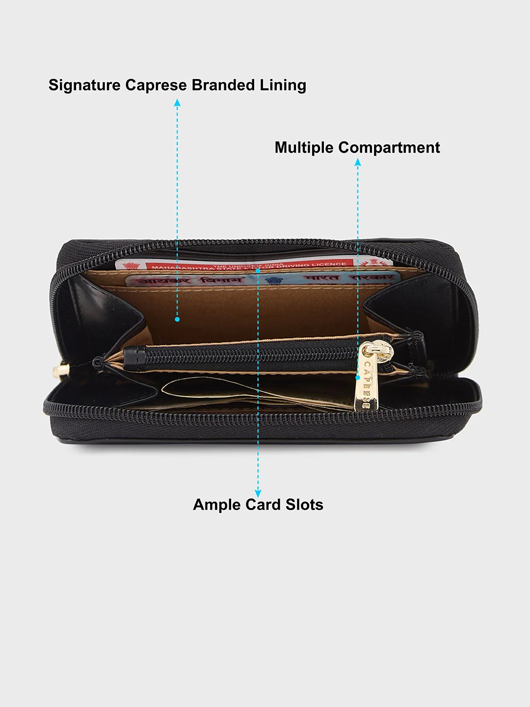 Caprese Shanaya Printed Small Black Zip Around Wallet - Image 7