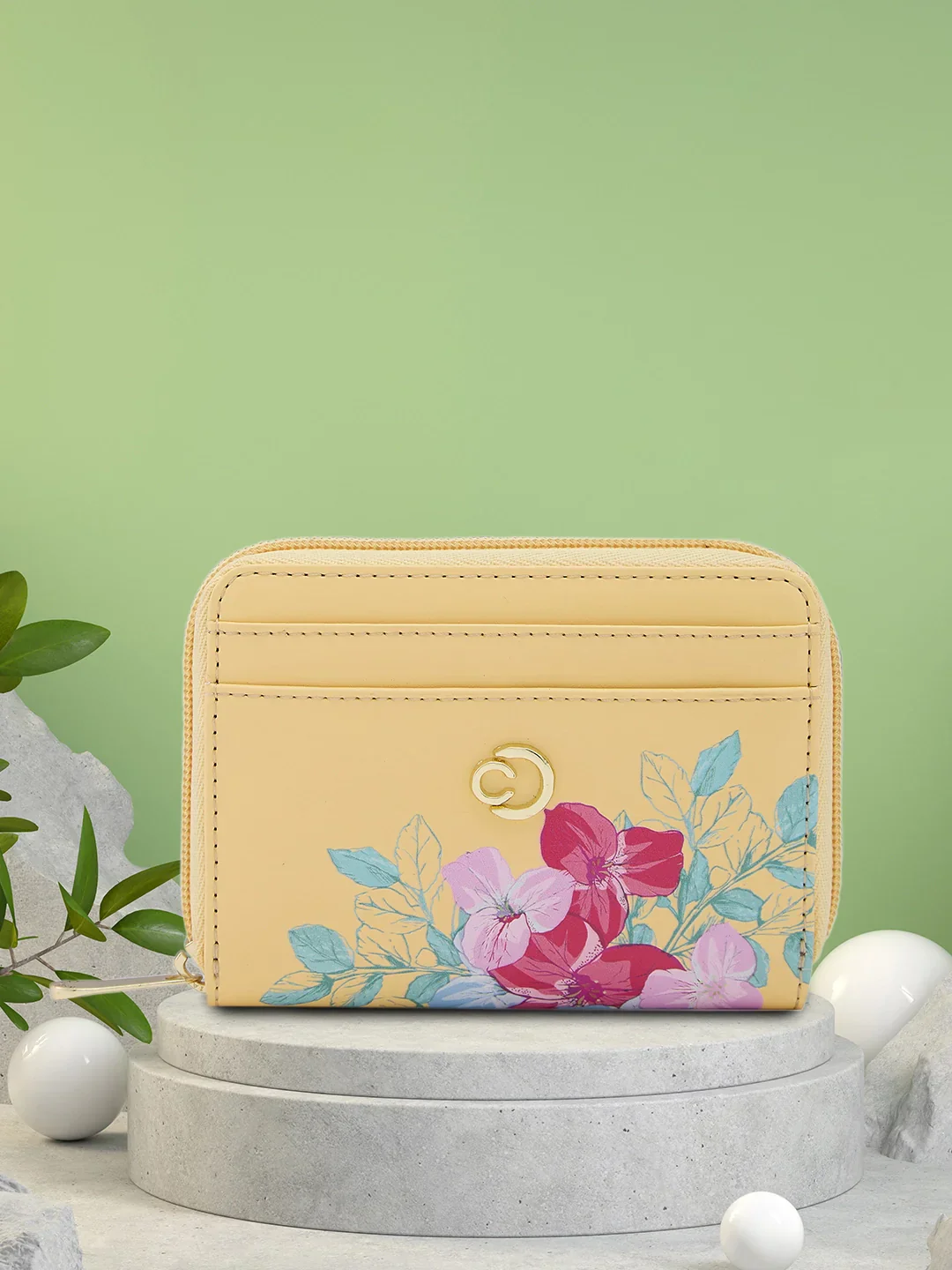 Caprese Shanaya Printed Small Yellow Zip Around Wallet - Image 2