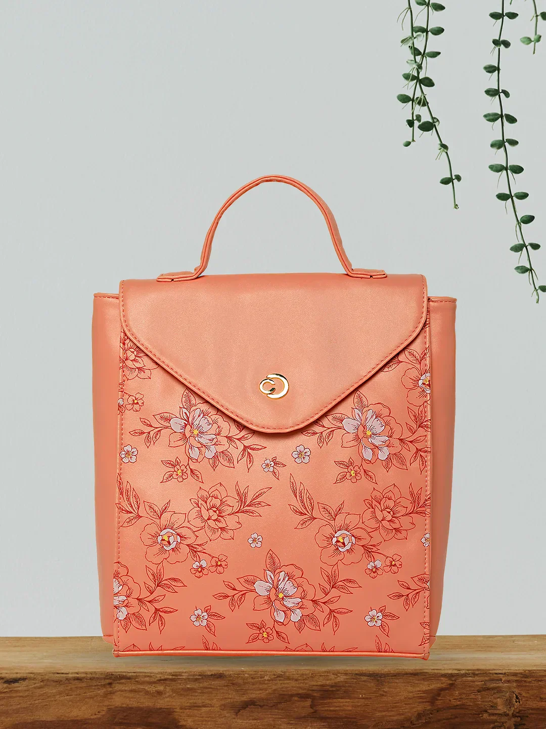 Caprese Snow Printed Medium Coral Backpack - Image 2