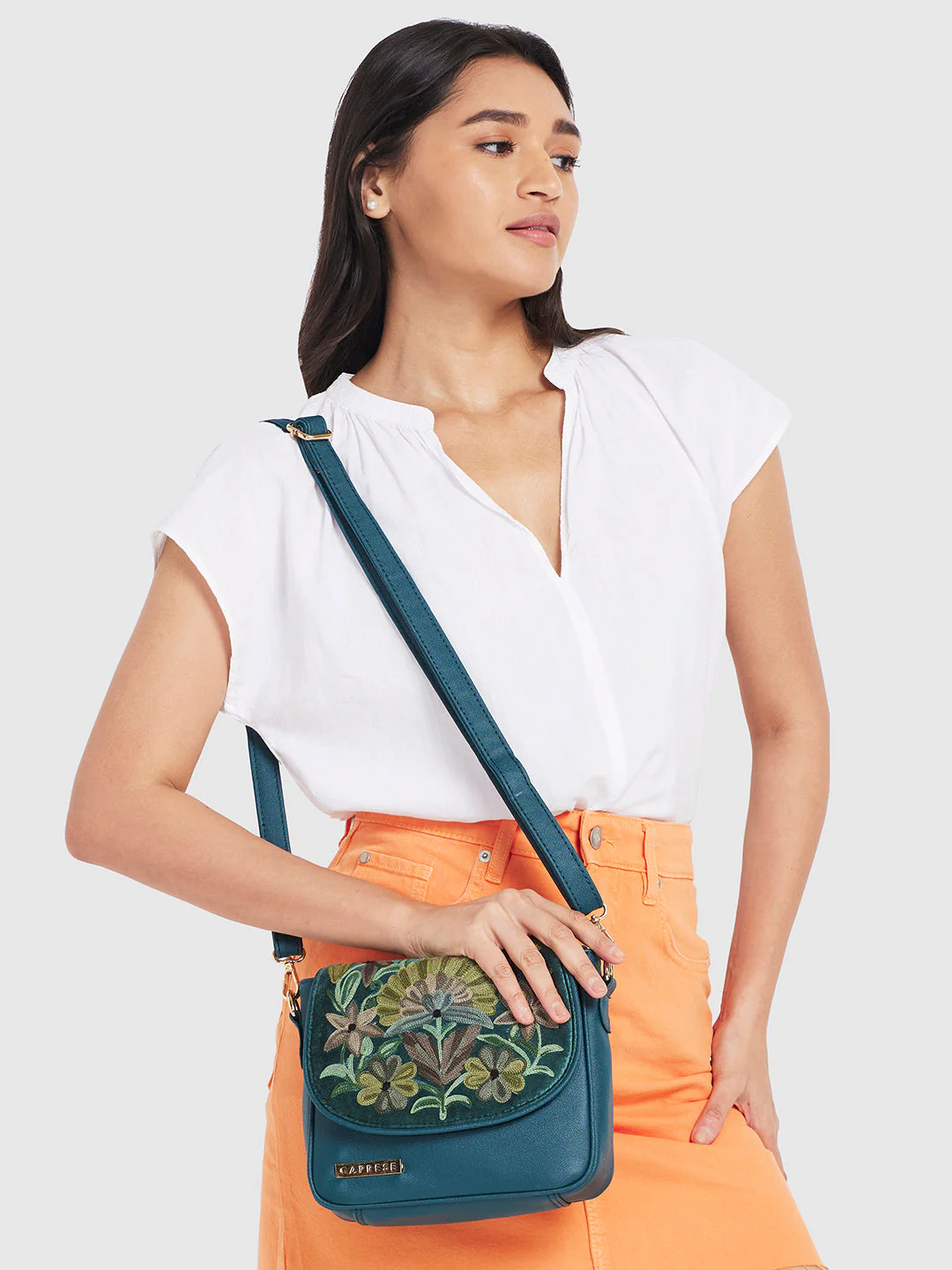 Caprese Tresna Large Embroidery Green Sling Bag - Image 11