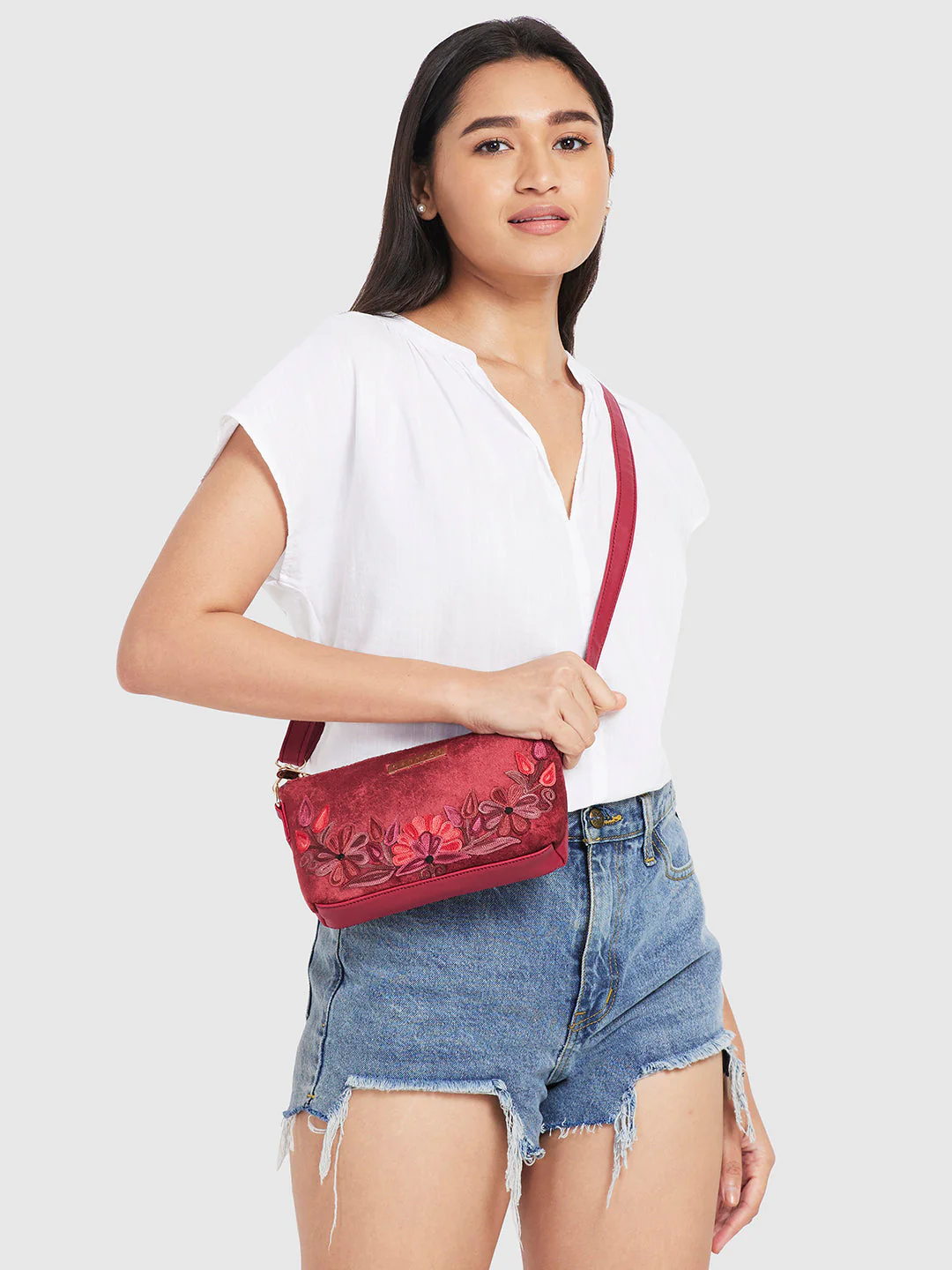 Caprese Tresna Small Maroon Sling Bag - Image 11