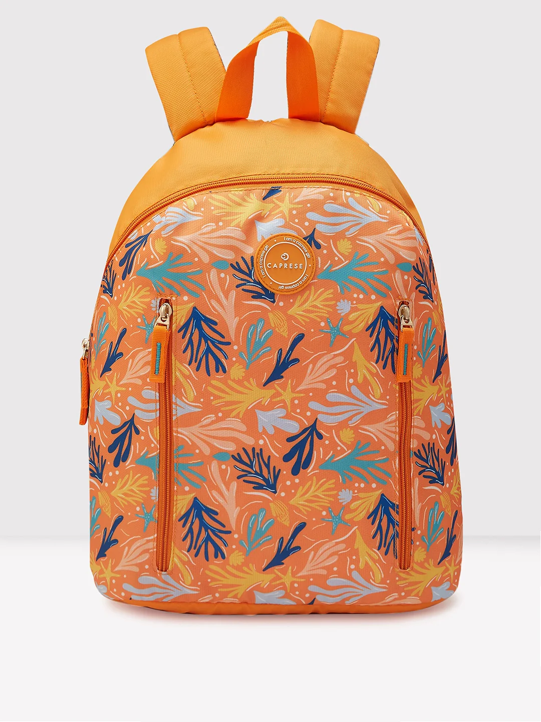 Caprese Xenia Medium Orange Printed Backpack